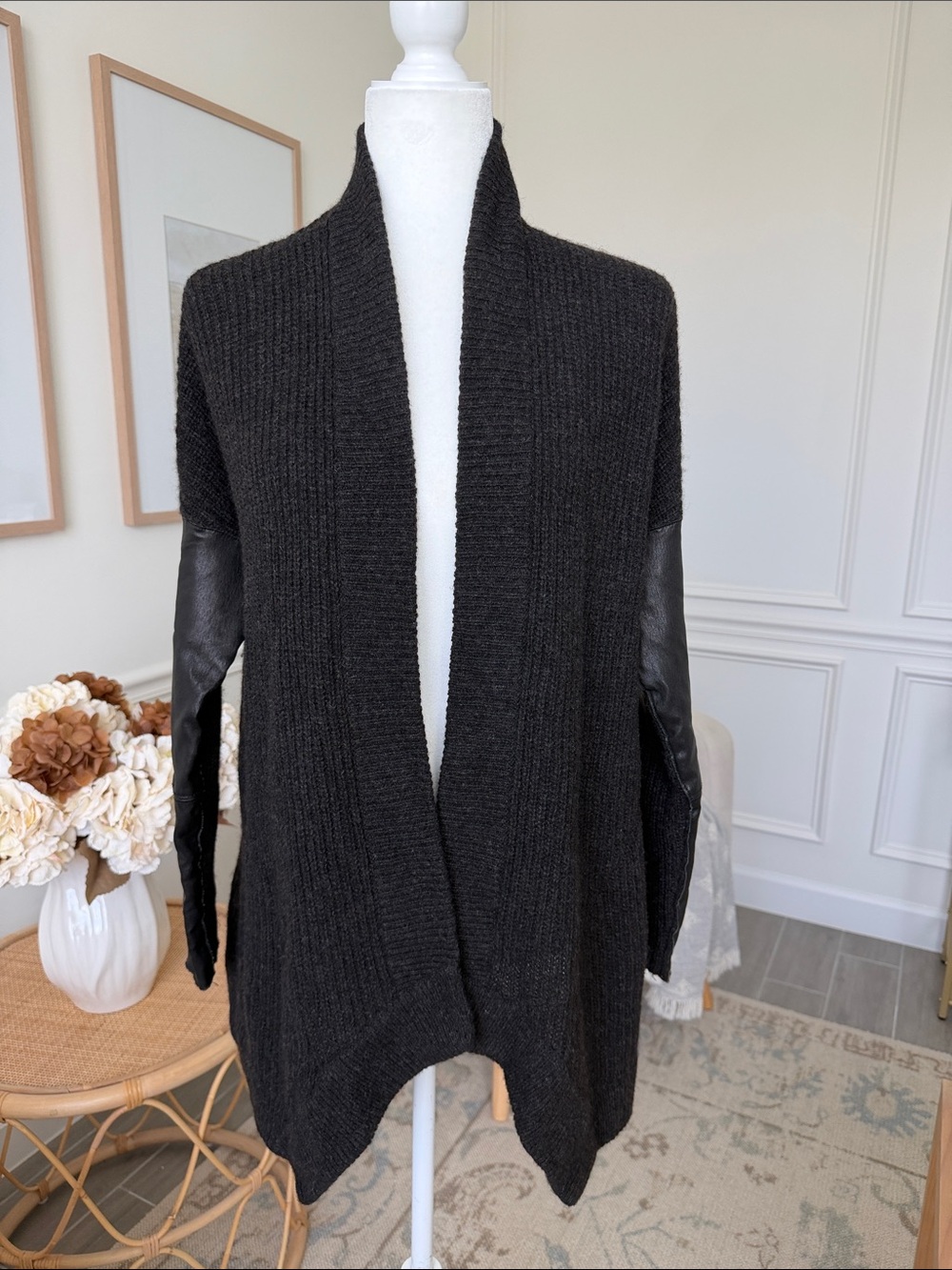 Eileen Fisher 2014 Yak Merino Leather Angled Front Cardigan Charcoal S